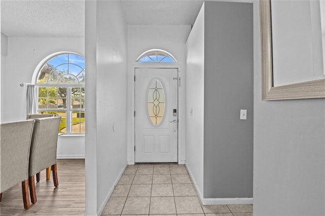 foyer with a textured ceiling, baseboards, and a wealth of natural light