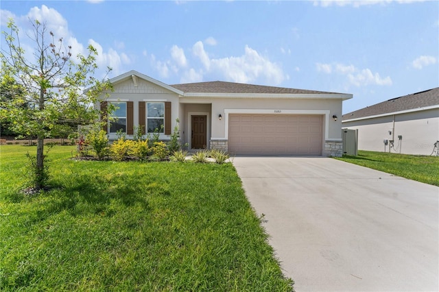 view of front of house with concrete driveway, stone siding, stucco siding, and an attached garage