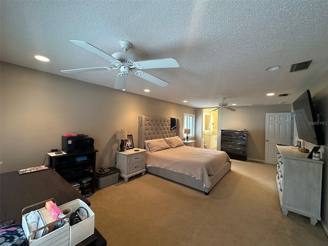 bedroom featuring light colored carpet, a textured ceiling, visible vents, and recessed lighting