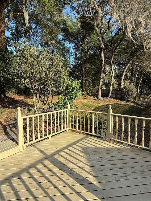 wooden terrace featuring fence