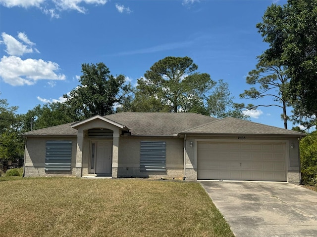 single story home featuring concrete driveway, an attached garage, stucco siding, and a front yard