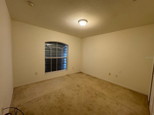 empty room with light colored carpet, a textured ceiling, and baseboards