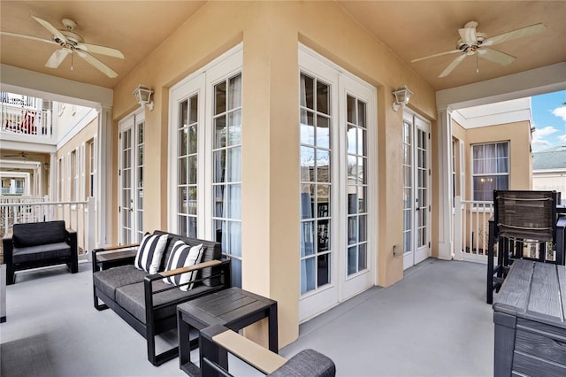 exterior space with french doors, ceiling fan, and outdoor lounge area