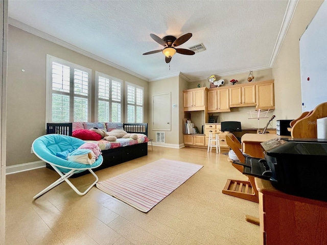 907 Pawstand Rd, Celebration, FL 34747 - living area featuring light flooring, ceiling fan, ornamental molding, baseboards, and a textured ceiling
