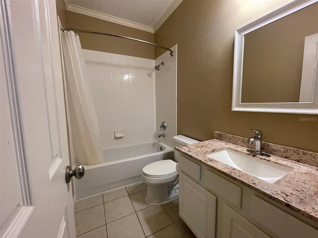 907 Pawstand Rd, Celebration, FL 34747 - bathroom featuring crown molding, shower / bathtub combination with curtain, toilet, vanity, and tile patterned floors