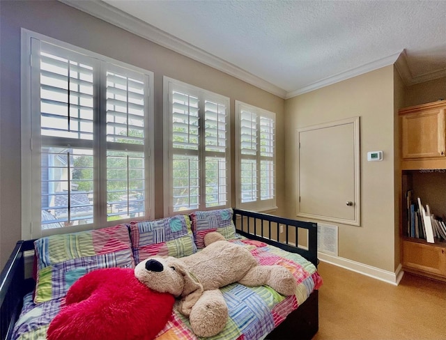 907 Pawstand Rd, Celebration, FL 34747 - bedroom featuring multiple windows, light colored carpet, baseboards, ornamental molding, and a textured ceiling