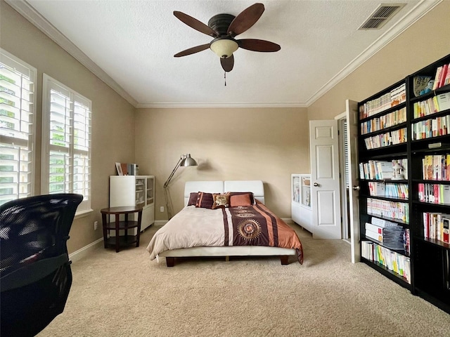 907 Pawstand Rd, Celebration, FL 34747 - bedroom with carpet, ornamental molding, a textured ceiling, baseboards, and ceiling fan
