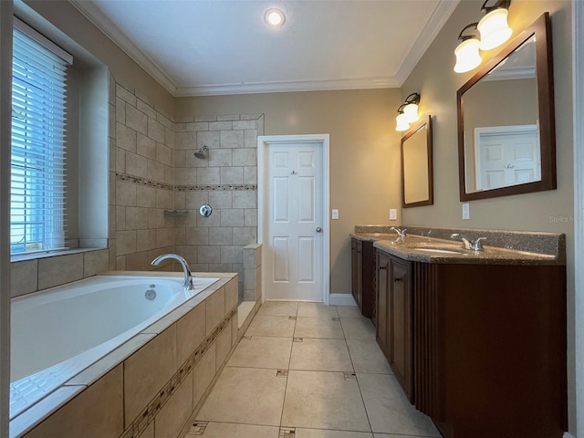 907 Pawstand Rd, Celebration, FL 34747 - full bathroom with a garden tub, double vanity, tile patterned flooring, ornamental molding, and a tile shower