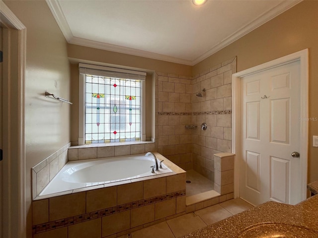 907 Pawstand Rd, Celebration, FL 34747 - bathroom featuring tile patterned flooring, a tile shower, a bath, and ornamental molding
