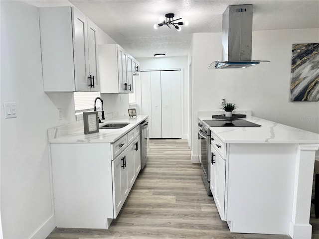 1098 Leeway Ct, Orlando, FL 32810 - kitchen with a sink, ventilation hood, white cabinets, light wood-type flooring, and appliances with stainless steel finishes