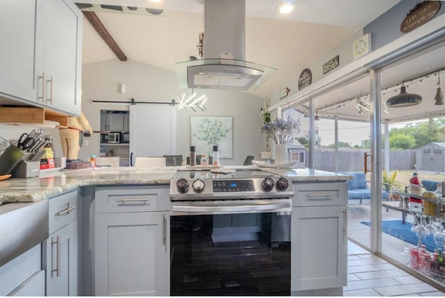 kitchen featuring a peninsula, island exhaust hood, light stone counters, electric stove, and vaulted ceiling with beams