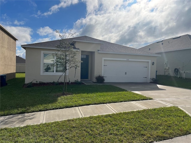 ranch-style home featuring stucco siding, driveway, an attached garage, a front yard, and a shingled roof