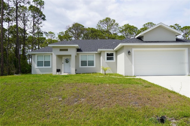 ranch-style home with a garage, stucco siding, a front lawn, and driveway