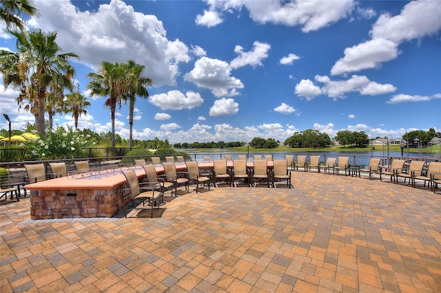 view of patio / terrace featuring a water view