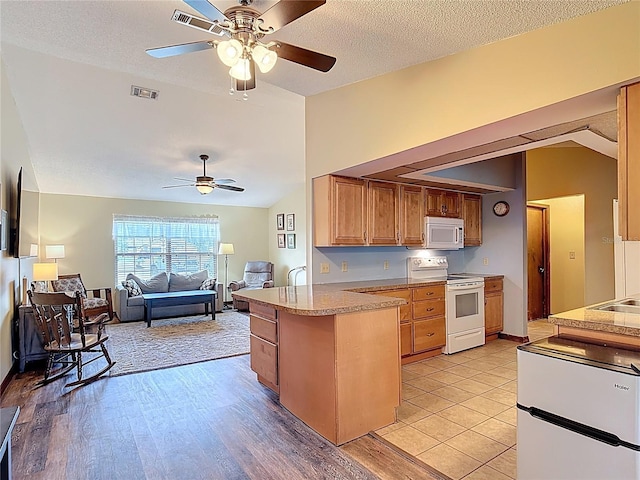 3110 Short Leaf Pine Ct, Kissimmee, FL 34746 - kitchen with white appliances, ceiling fan, a peninsula, light countertops, and brown cabinets