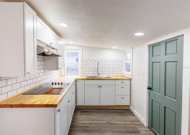 1007 11th St, Saint Cloud, FL 34769 - kitchen with butcher block countertops, a textured ceiling, under cabinet range hood, a sink, and black electric cooktop