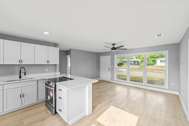 4445 Stuart Ave, Titusville, FL 32780 - kitchen featuring stainless steel electric range, a sink, light countertops, a peninsula, and baseboards