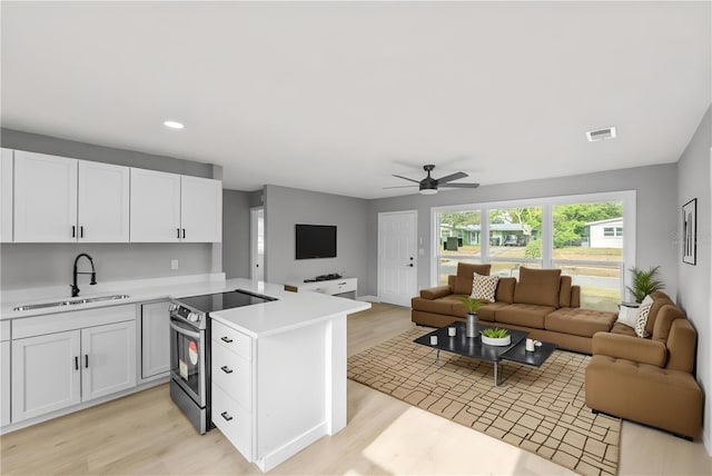 4445 Stuart Ave, Titusville, FL 32780 - kitchen featuring stainless steel electric range oven, a sink, open floor plan, a peninsula, and light countertops