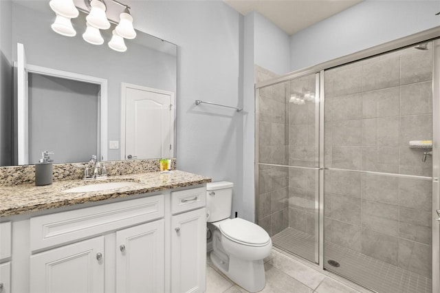full bath featuring a stall shower, toilet, tile patterned floors, and vanity