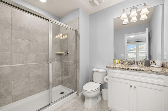 bathroom with toilet, a stall shower, tile patterned floors, and vanity