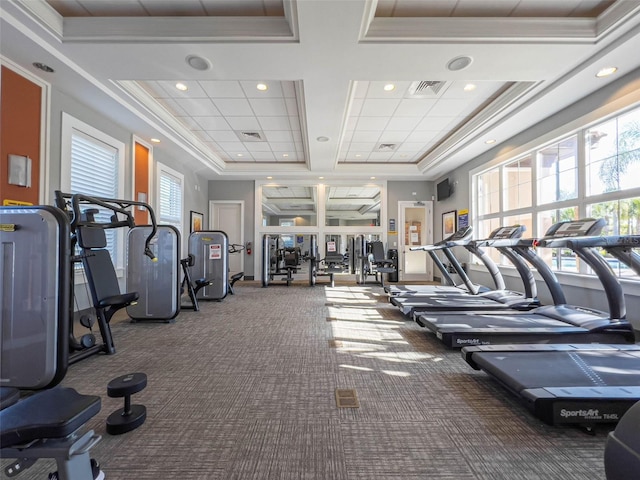 exercise room with carpet, coffered ceiling, recessed lighting, and ornamental molding