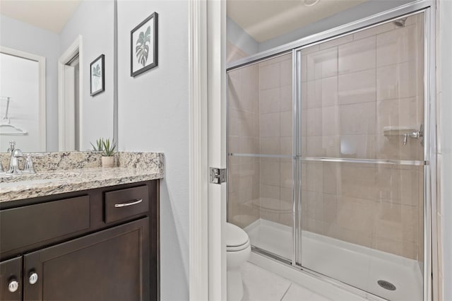 bathroom with toilet, a stall shower, and vanity