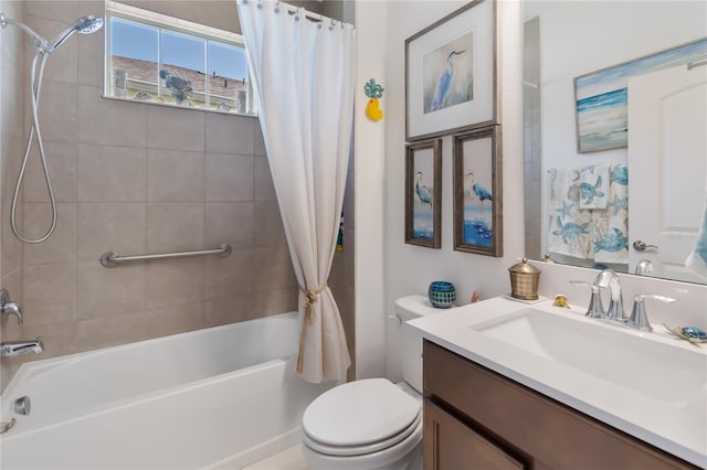 bathroom with shower / tub combo with curtain, toilet, and vanity