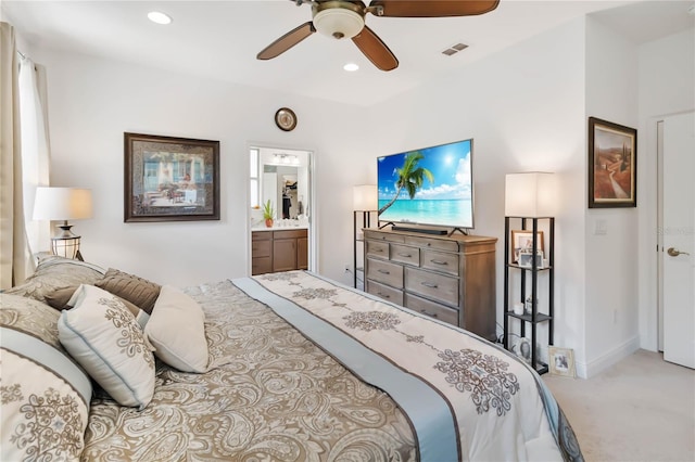 carpeted bedroom featuring recessed lighting, connected bathroom, ceiling fan, and baseboards