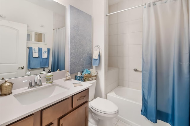 bathroom with toilet, shower / tub combo with curtain, vanity, and tile patterned flooring