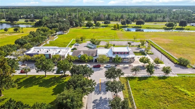 drone / aerial view of a large body of water and a heavily wooded area