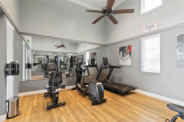 3378 Sagebrush St, Harmony, FL 34773 - workout room featuring ceiling fan, a high ceiling, wood finished floors, and plenty of natural light