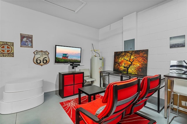 interior space with water heater, finished concrete floors, electric panel, and concrete block wall