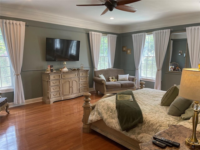 202 Acadia Ter, Kissimmee, FL 34747 - bedroom with multiple windows, wood finished floors, baseboards, crown molding, and a ceiling fan