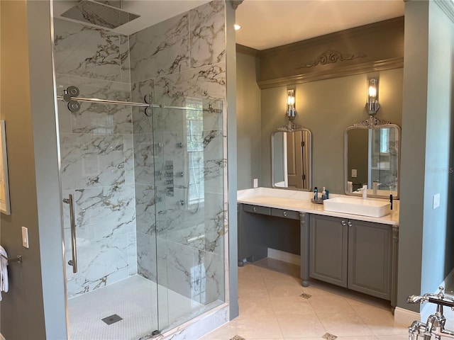 202 Acadia Ter, Kissimmee, FL 34747 - bathroom featuring a marble finish shower, crown molding, vanity, tile patterned flooring, and baseboards