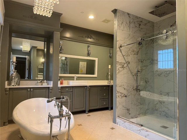 202 Acadia Ter, Kissimmee, FL 34747 - bathroom featuring a marble finish shower, a freestanding bath, ornamental molding, vanity, and recessed lighting