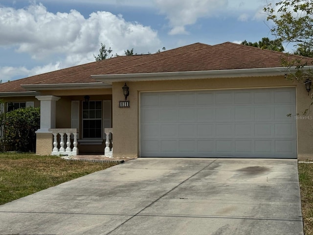 829 Anza Ave, Lehigh Acres, FL 33971 - ranch-style home featuring an attached garage, stucco siding, roof with shingles, a porch, and driveway