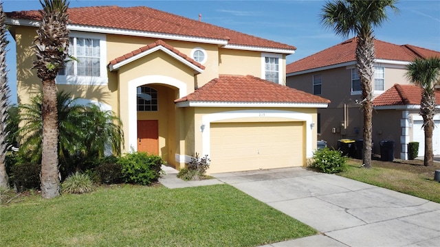 219 Rosso Dr, Davenport, FL 33837 - mediterranean / spanish house featuring stucco siding, a garage, driveway, and a front lawn