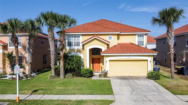 219 Rosso Dr, Davenport, FL 33837 - mediterranean / spanish-style house featuring a tiled roof, stucco siding, a garage, a front yard, and driveway