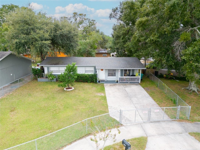 ranch-style house with a gate, concrete driveway, covered porch, and roof with shingles