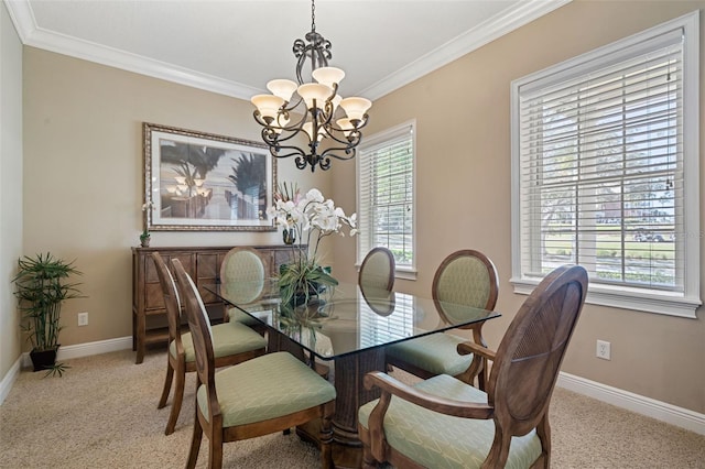 7550 Gathering Dr, Reunion, FL 34747 - dining area with a chandelier, light carpet, baseboards, and ornamental molding