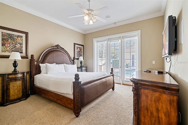 7550 Gathering Dr, Reunion, FL 34747 - bedroom featuring light carpet, access to exterior, ornamental molding, and a ceiling fan