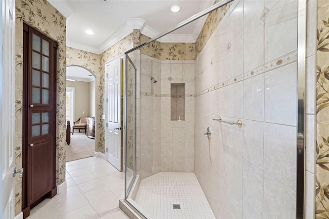7550 Gathering Dr, Reunion, FL 34747 - bathroom with ornamental molding, a stall shower, wallpapered walls, tile patterned flooring, and recessed lighting