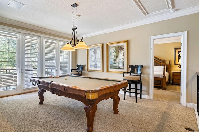 7550 Gathering Dr, Reunion, FL 34747 - recreation room featuring carpet flooring, crown molding, healthy amount of natural light, billiards table, and a textured ceiling
