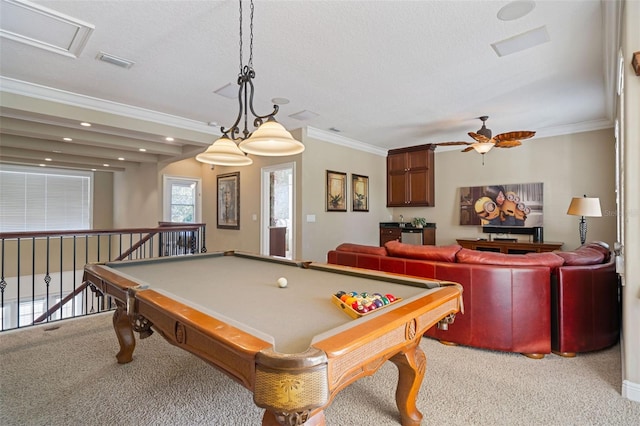 7550 Gathering Dr, Reunion, FL 34747 - playroom with carpet floors, a ceiling fan, ornamental molding, billiards table, and recessed lighting
