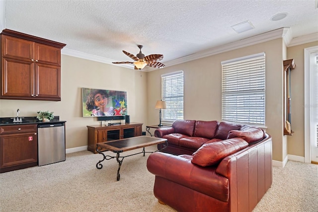 7550 Gathering Dr, Reunion, FL 34747 - living room with light colored carpet, crown molding, baseboards, bar with sink, and a textured ceiling