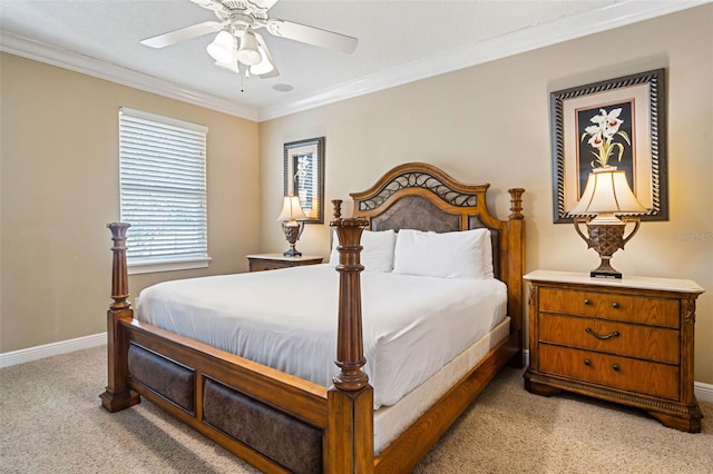 7550 Gathering Dr, Reunion, FL 34747 - bedroom featuring light carpet, crown molding, baseboards, and a ceiling fan