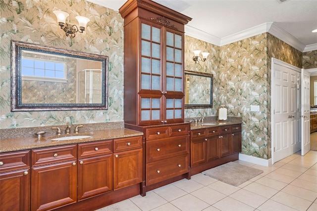 7550 Gathering Dr, Reunion, FL 34747 - full bathroom featuring wallpapered walls, two vanities, ornamental molding, tile patterned flooring, and a chandelier