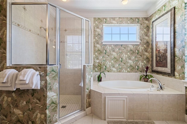 7550 Gathering Dr, Reunion, FL 34747 - bathroom featuring a garden tub, a shower stall, tile patterned floors, and ornamental molding