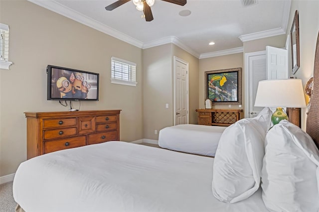 7550 Gathering Dr, Reunion, FL 34747 - bedroom with baseboards, ornamental molding, recessed lighting, and ceiling fan