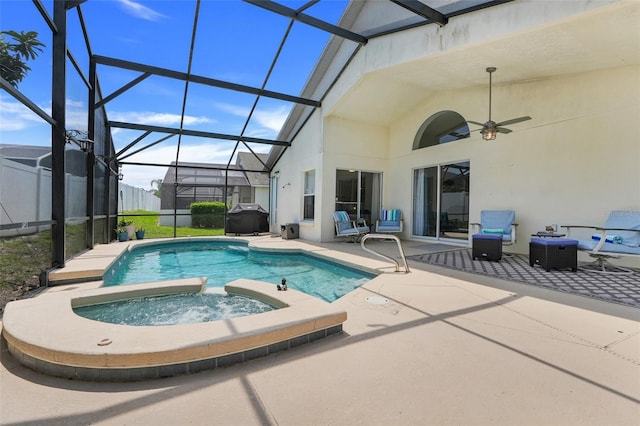 4796 Cumbrian Lakes Dr, Kissimmee, FL 34746 - view of swimming pool featuring a patio area, ceiling fan, a pool with connected hot tub, and a lanai